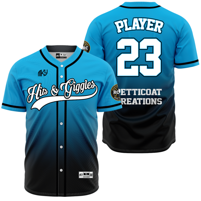Hits and Giggles blue and black button down baseball jersey by MKY Apparels