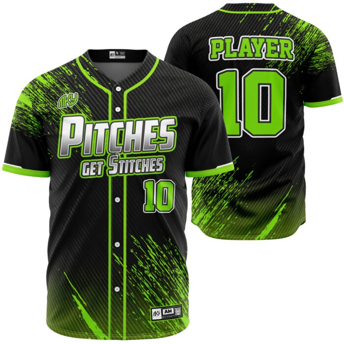 Pitches black and neon green button down baseball jersey by MKY Apparels