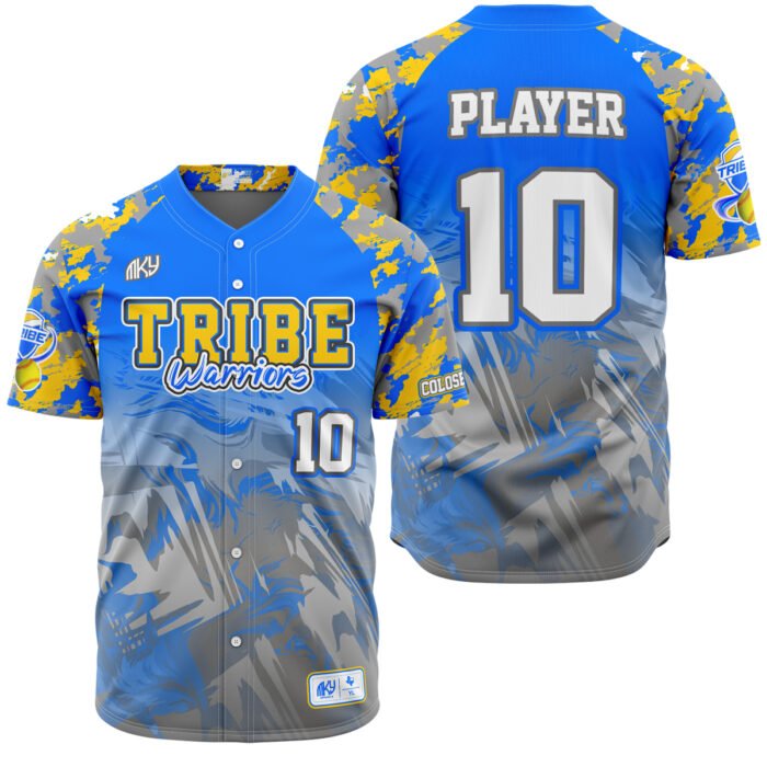Tribe Warriors blue and gold button down baseball jersey by MKY Apparels