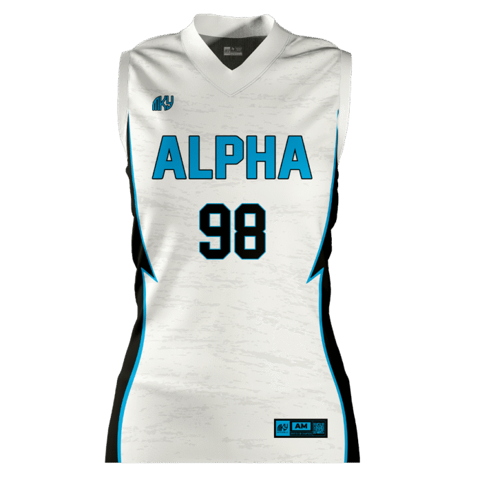 Alpha white and blue girls sleeveless volleyball jersey by MKY Apparels