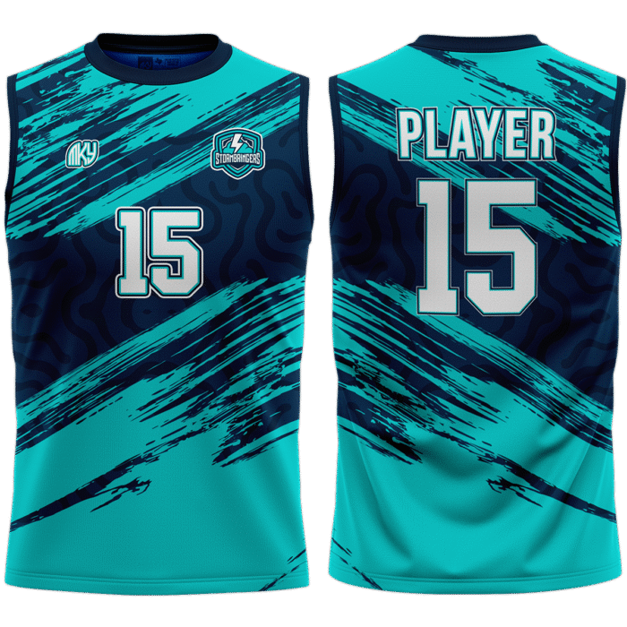 Boy’s teal and navy sleeveless volleyball jersey by MKY Apparels