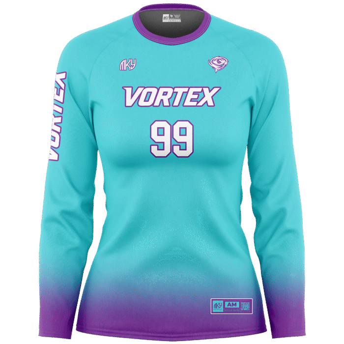 Vortex turquoise and purple long sleeve volleyball jersey by MKY Apparels