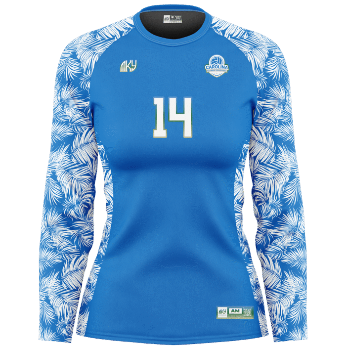 Women’s blue long sleeve volleyball jersey with white tropical sleeves by MKY Apparels