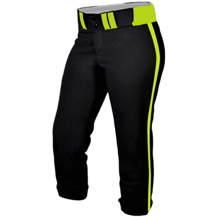 Black softball knicker pants with neon yellow side stripes by MKY Apparels