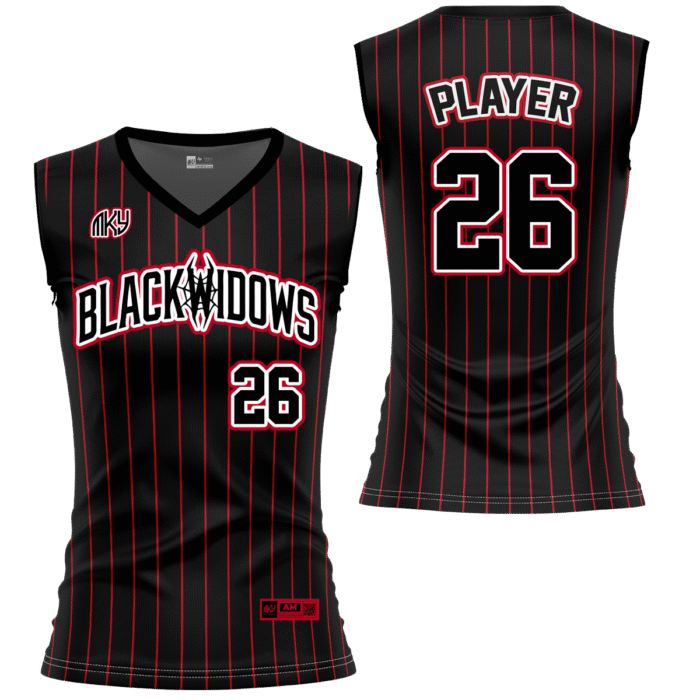 Blackwidows black sleeveless softball jersey with red pinstripes by MKY Apparels