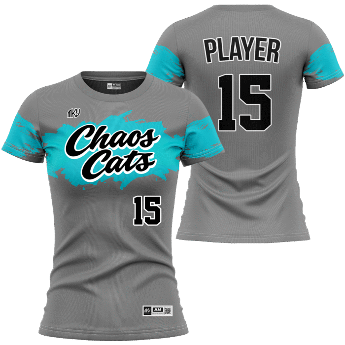 Chaos Cats gray softball jersey with teal sleeves by MKY Apparels