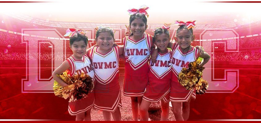 Cheer team wearing custom red and white uniforms by MKY Apparels
