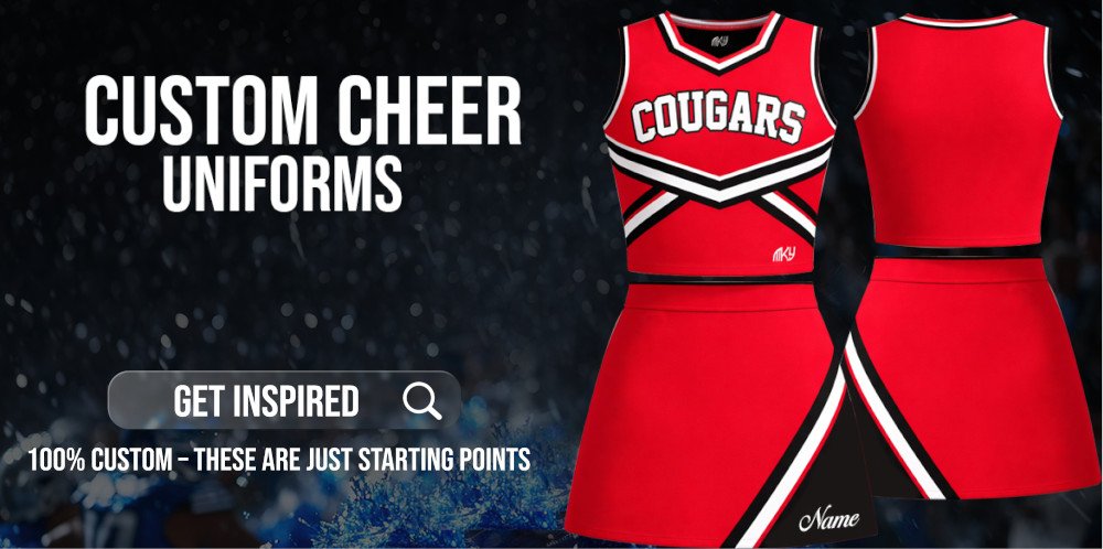 Custom red and black cheer uniforms designed by MKY Apparels in Texas