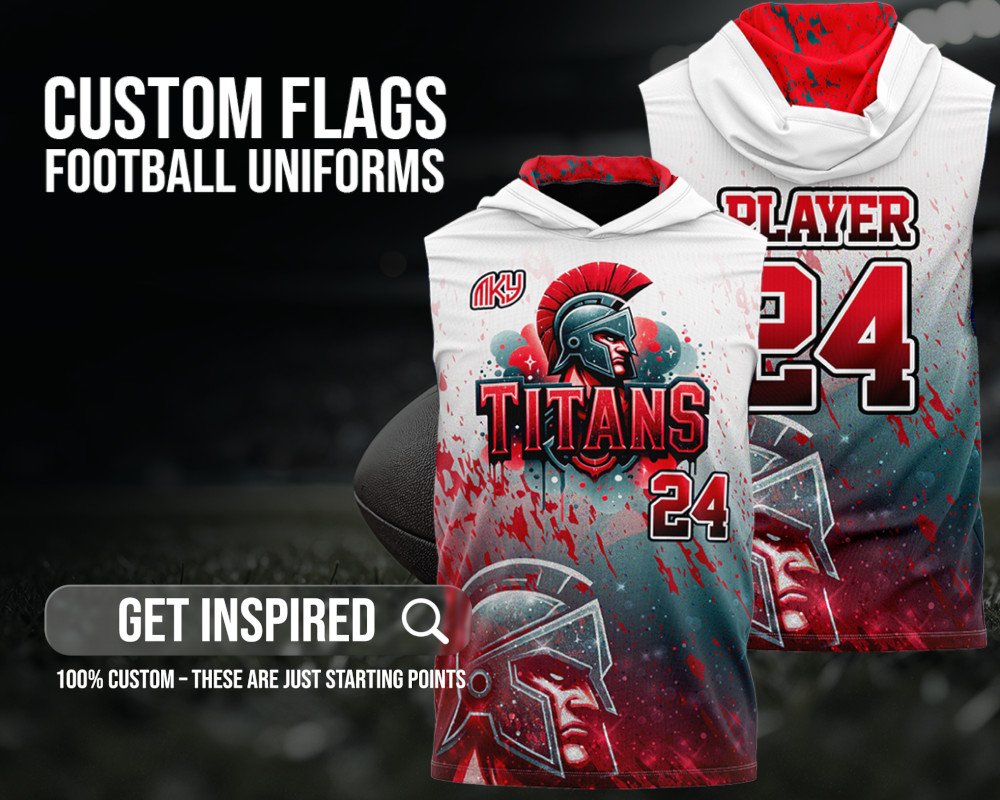 Custom sleeveless flag football uniforms designed by MKY Apparels