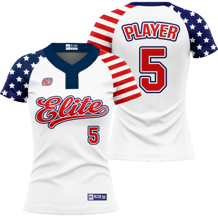 Elite USA two-button softball jersey with American flag sleeves by MKY Apparels