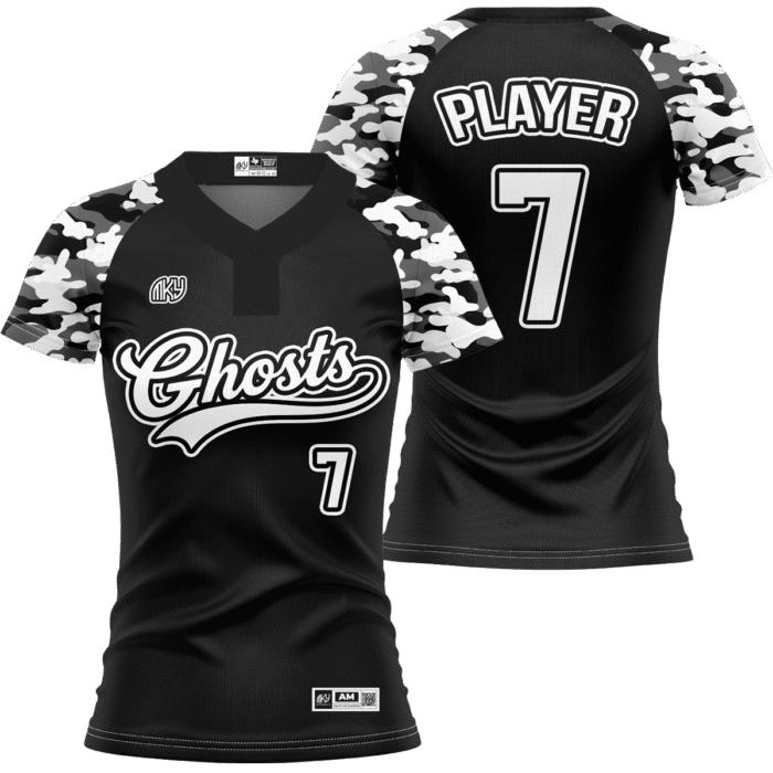 Ghosts black two-button softball jersey with camo sleeves by MKY Apparels