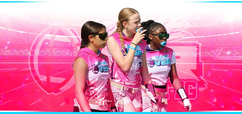 Girls wearing custom pink flag football uniforms designed by MKY Apparels