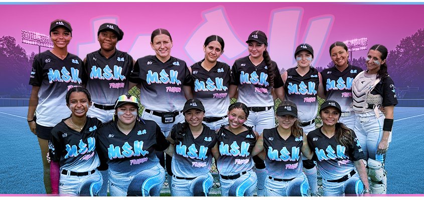 Girls softball team wearing custom blue and pink uniforms by MKY Apparels