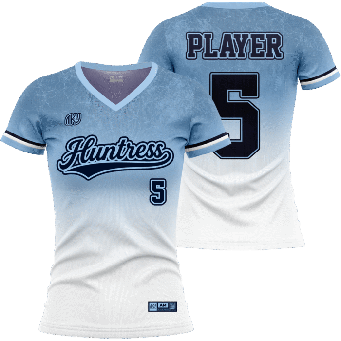 Huntress blue V-neck softball jersey with white gradient design by MKY Apparels
