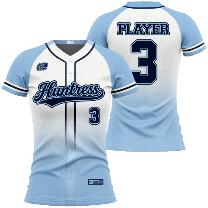 Huntress light blue full-button softball jersey with navy details by MKY Apparels