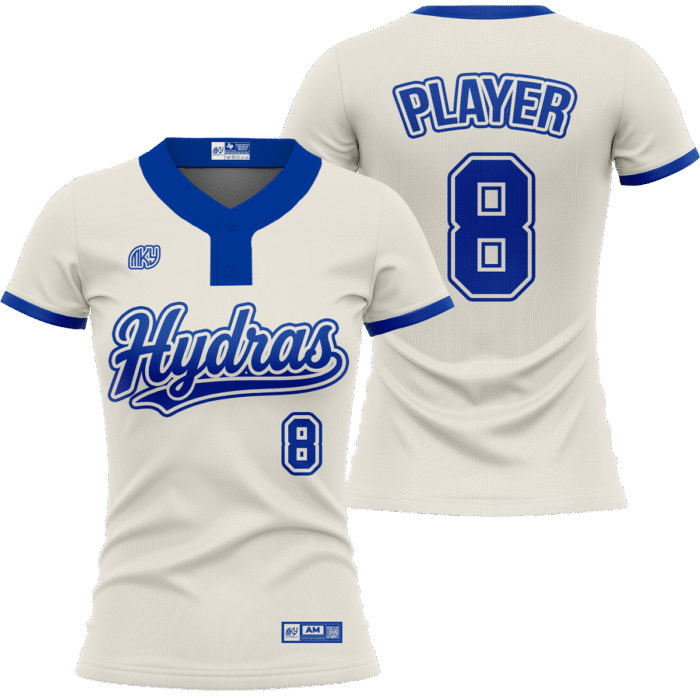 Hydras white two-button softball jersey with royal blue details by MKY Apparels