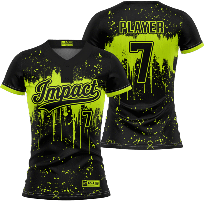 Impact black and neon yellow two-button softball jersey with splatter design by MKY Apparels