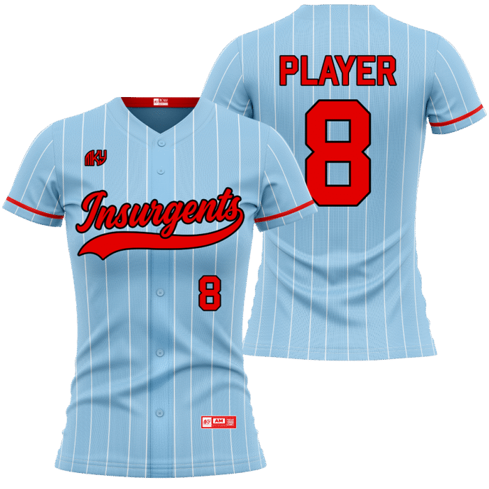 Insurgents light blue full-button softball jersey with red details by MKY Apparels