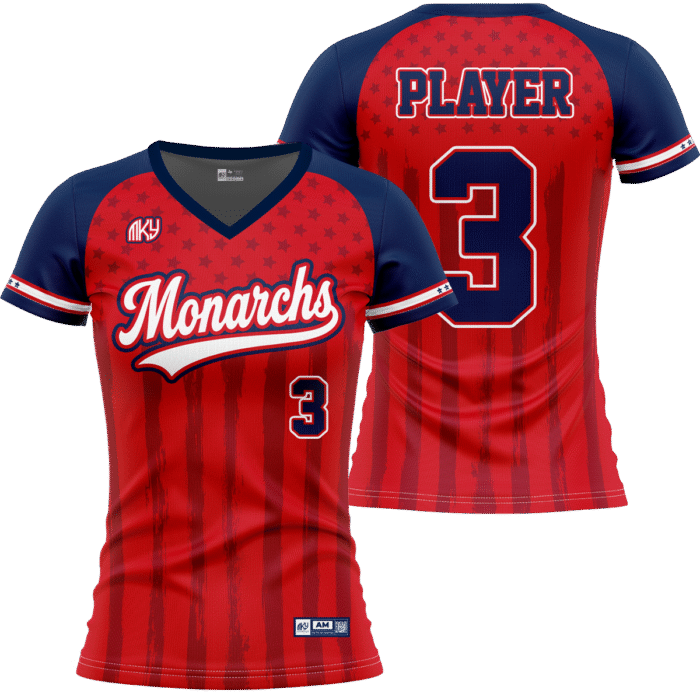 Monarchs red and navy V-neck softball jersey with pinstripe design by MKY Apparels