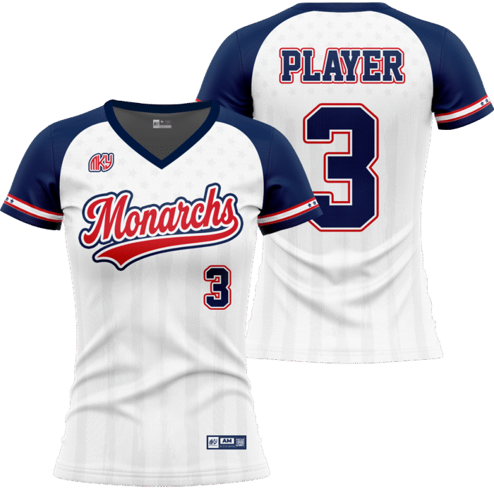 Monarchs white V-neck softball jersey with navy and red sleeves by MKY Apparels
