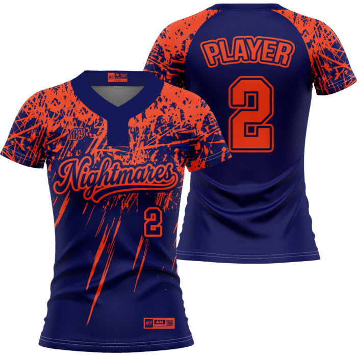 Nightmares navy and orange two-button softball jersey with splatter design by MKY Apparels