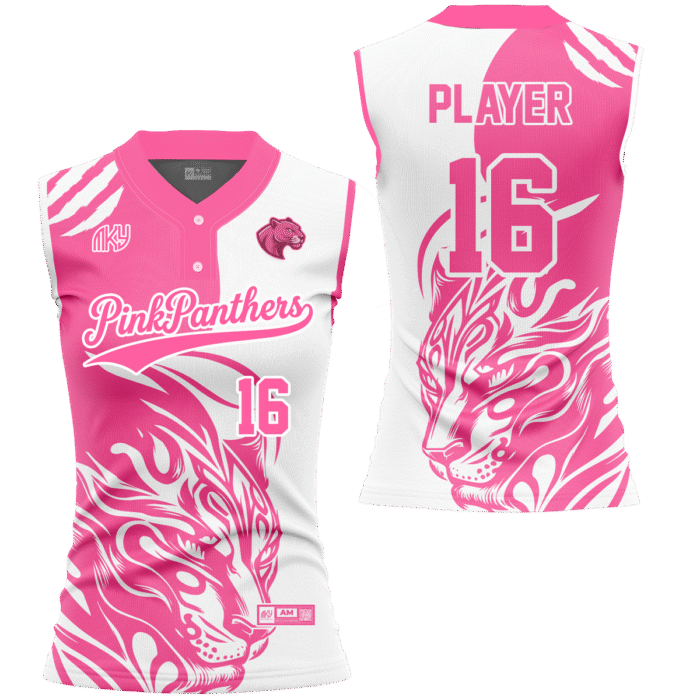Pink Panthers white and pink sleeveless softball jersey with panther graphic by MKY Apparels