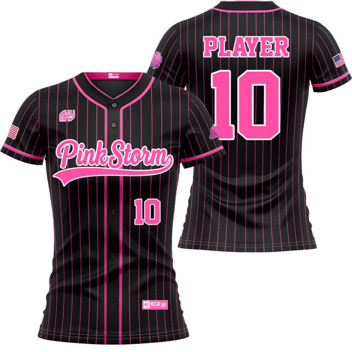 Pink Storm black full-button softball jersey with pink pinstripes by MKY Apparels