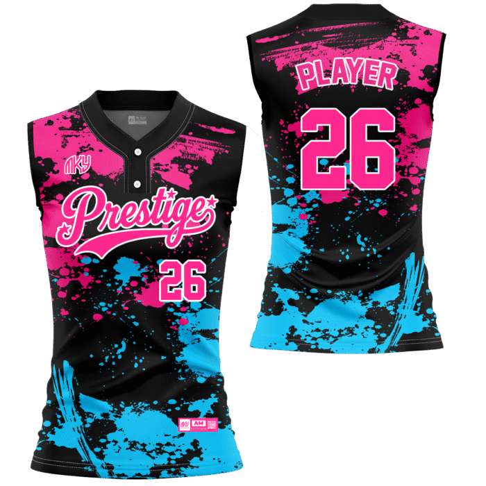 Prestige black and pink sleeveless softball jersey with blue accents by MKY Apparels