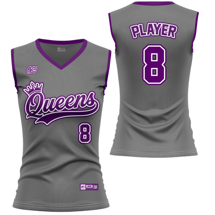 Queens gray sleeveless softball jersey with purple accents by MKY Apparels