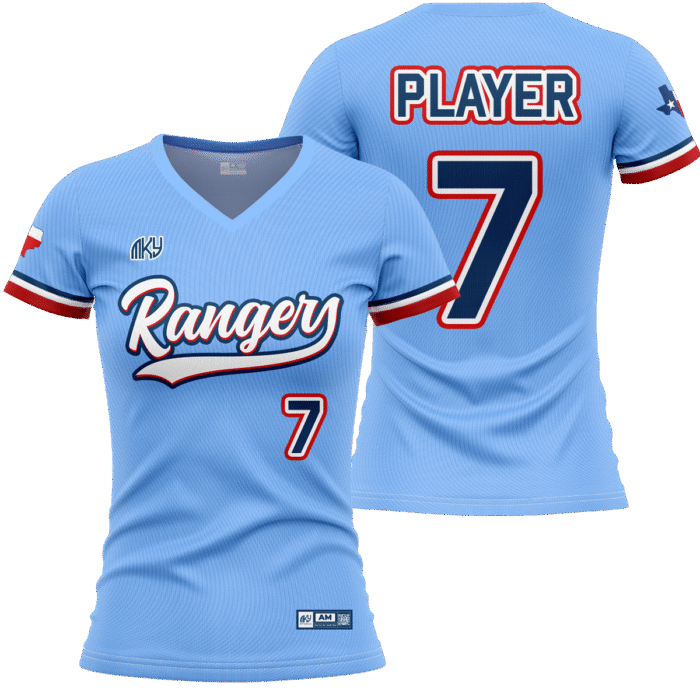 Rangers light blue V-neck softball jersey with red and navy details by MKY Apparels