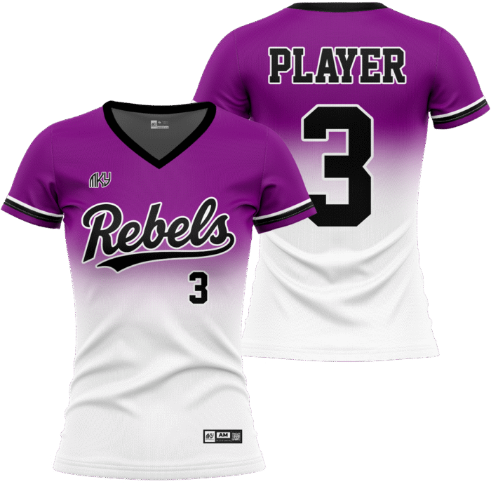 Rebels purple and white V-neck softball jersey with black details by MKY Apparels