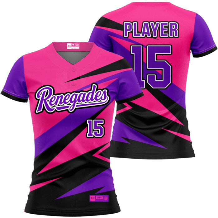 Renegades pink and purple two-button softball jersey with black accents by MKY Apparels