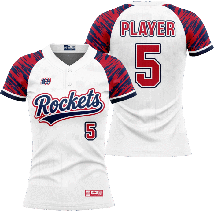 Rockets white softball jersey with red and blue sleeves by MKY Apparels