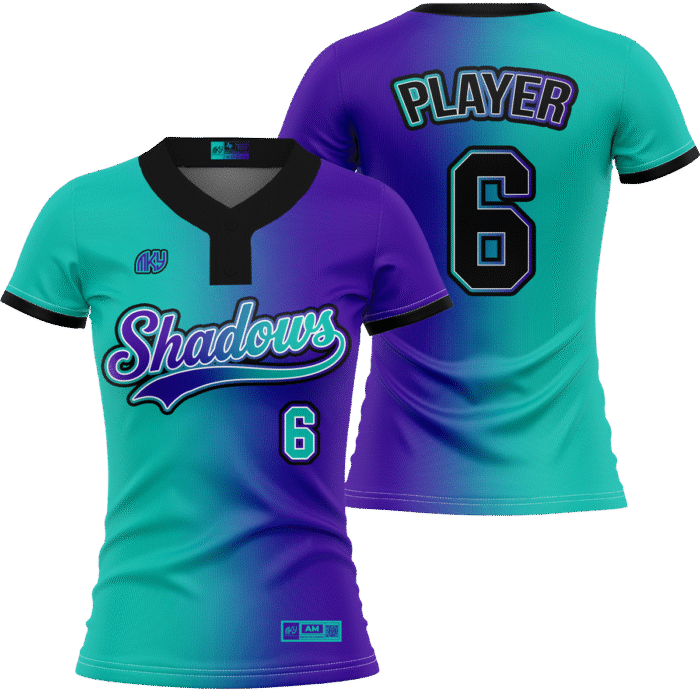 Shadows two-button softball jersey in teal and purple by MKY Apparels