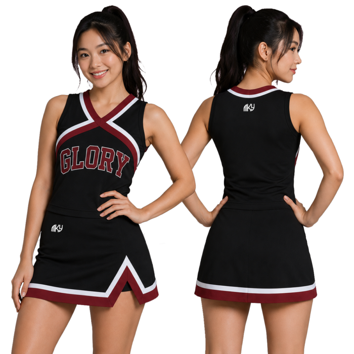 Glory custom cheerleading uniform front and back view designed by MKY Apparels