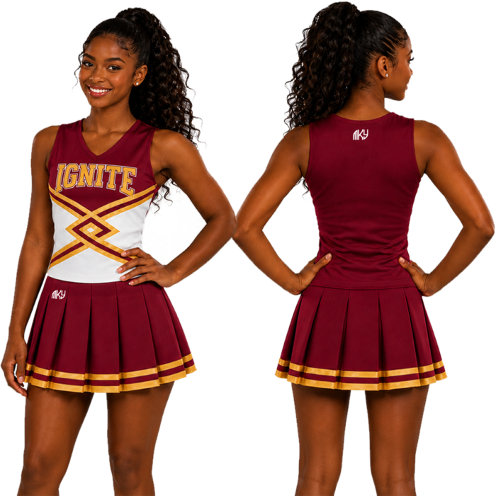 Ignite custom cheerleading uniform front and back view designed by MKY Apparels