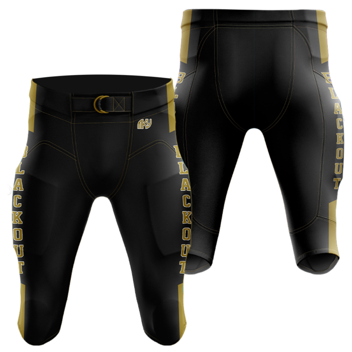 Black and gold integrated tackle football pants by MKY Apparels