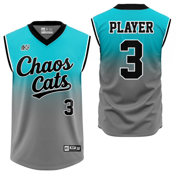 Chaos Cats gray and teal V-neck sleeveless baseball jersey by MKY Apparels