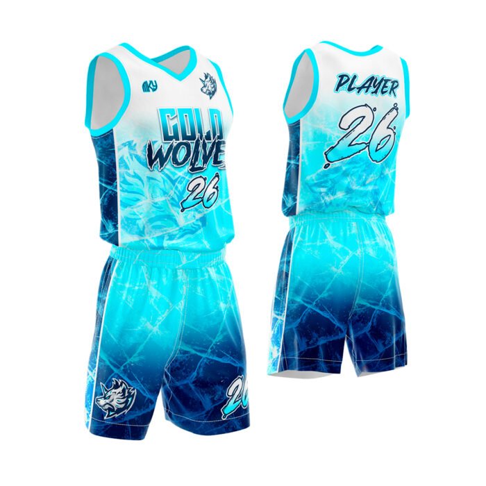 Cold Wolves blue and white custom basketball uniform by MKY Apparels
