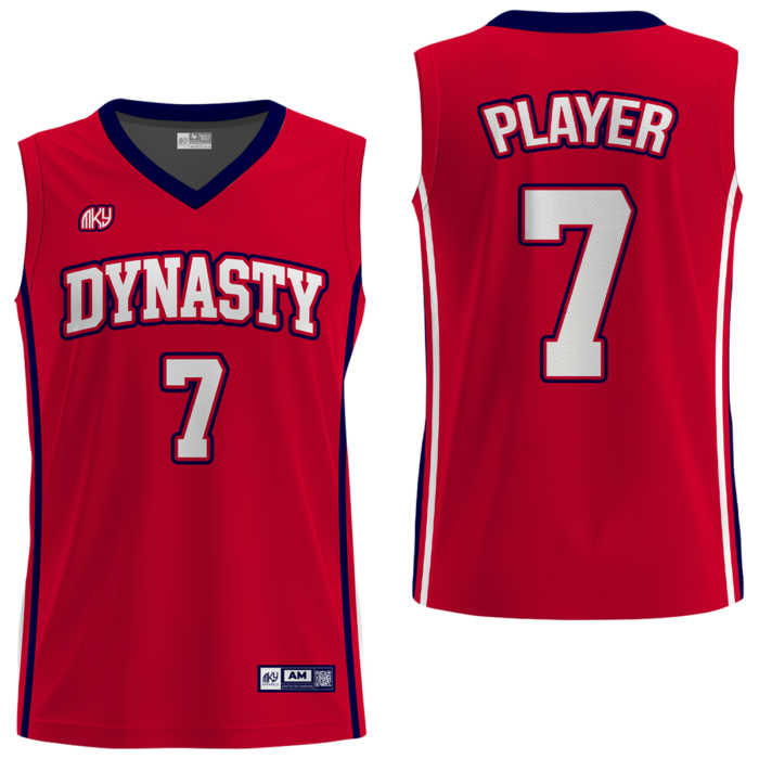 Dynasty red and navy girls custom basketball jersey by MKY Apparels