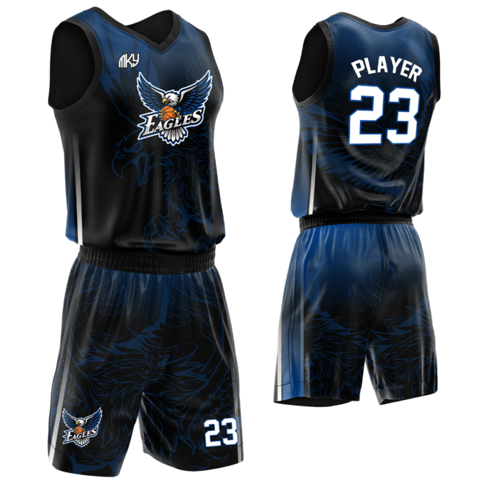 Eagles black and royal blue custom basketball uniform by MKY Apparels