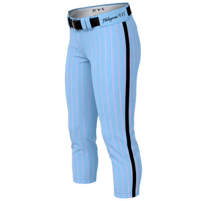 Light blue women's softball pants with pink pinstripes and black side stripe by MKY Apparels