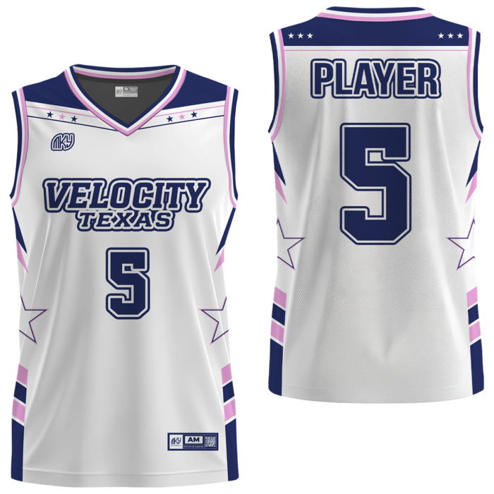 Velocity white and blue girls custom basketball jersey by MKY Apparels