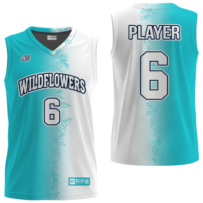 Wildflowers aqua and white girls custom basketball jersey by MKY Apparels